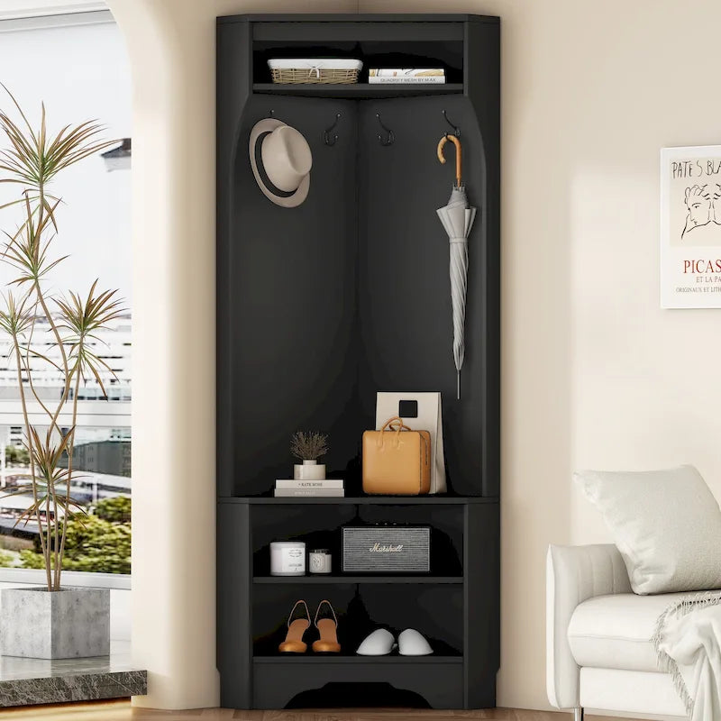 Corner Hall Tree with Shoe Bench - Multifunctional Entryway Coat Rack Featuring 4 Hooks and Adjustable Shelf
