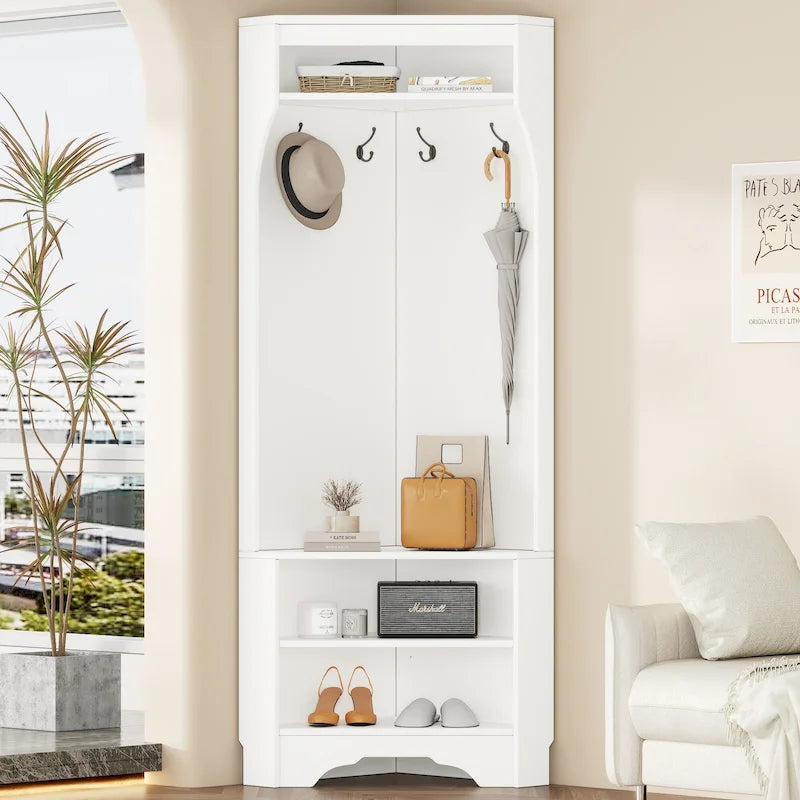 Corner Hall Tree with Shoe Bench - Multifunctional Entryway Coat Rack Featuring 4 Hooks and Adjustable Shelf
