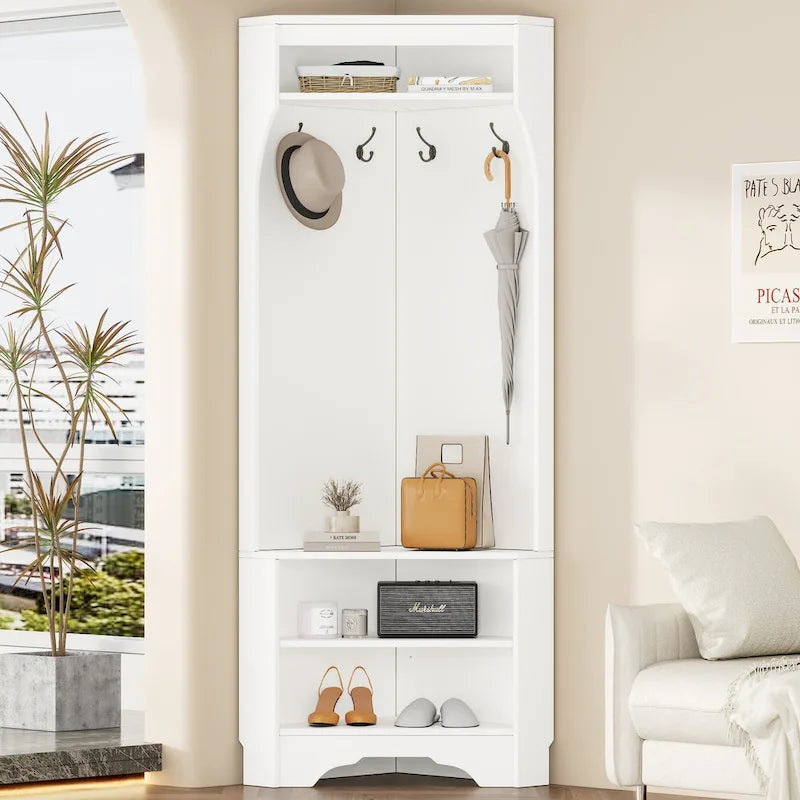 Corner Hall Tree with Shoe Bench - Multifunctional Entryway Coat Rack Featuring 4 Hooks and Adjustable Shelf