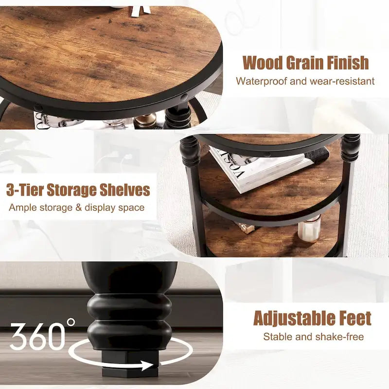 End Table 3-Tier Round Side Table Living Room Accent Table with Storage Shelf