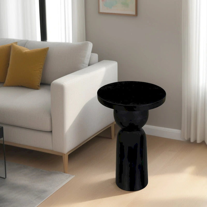 12 Inch Round Side End Table with Turned Pedestal Base, Mango Wood in Matte Black Finish