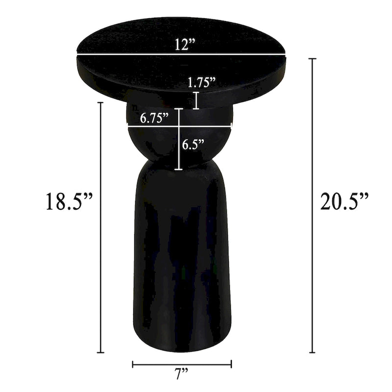 12 Inch Round Side End Table with Turned Pedestal Base, Mango Wood in Matte Black Finish