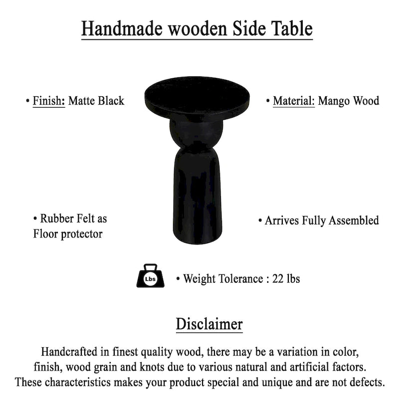 12 Inch Round Side End Table with Turned Pedestal Base, Mango Wood in Matte Black Finish