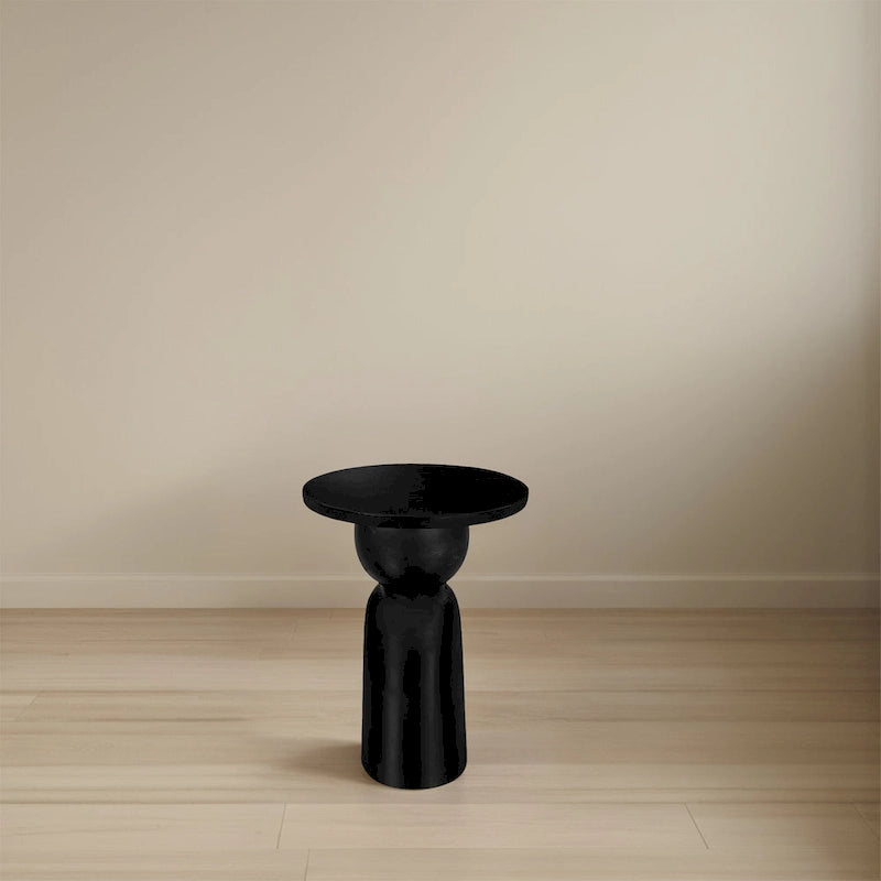 12 Inch Round Side End Table with Turned Pedestal Base, Mango Wood in Matte Black Finish
