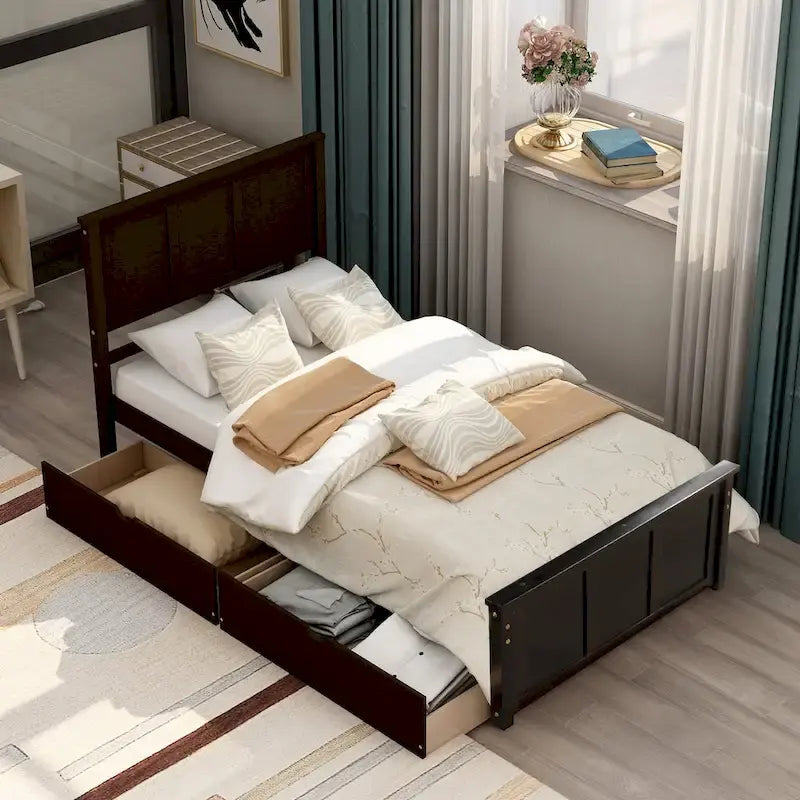 Twin Size Espresso Platform Storage Bed, 2 drawers with wheels