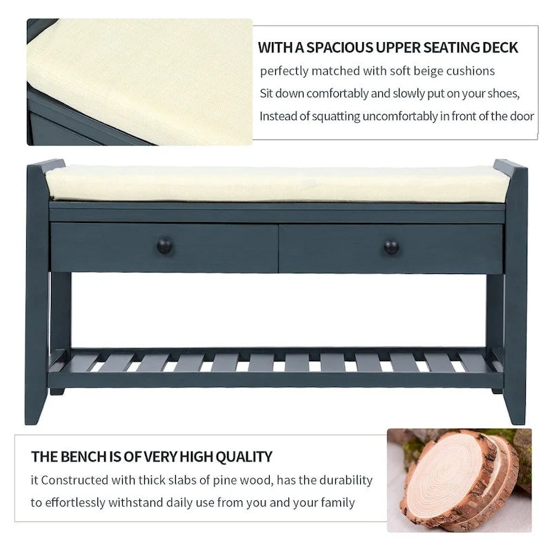 Shoe Rack with Cushioned Seat and Drawers, Multipurpose Entryway Storage Bench