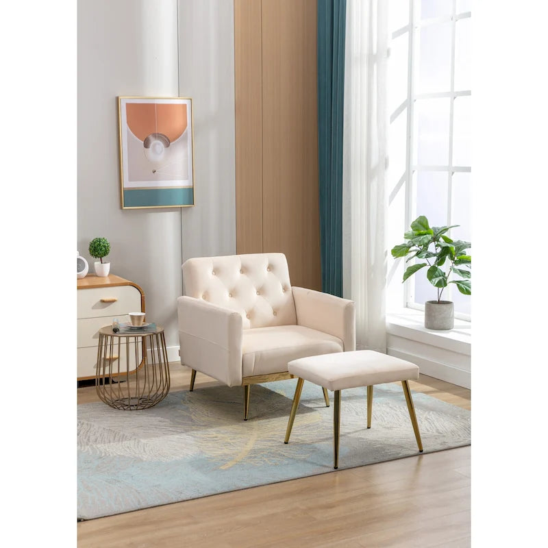 Velvet Tufted Adjustable Armrests and Backrest Armchair with Ottoman