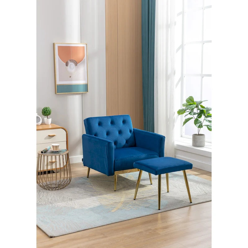 Velvet Tufted Adjustable Armrests and Backrest Armchair with Ottoman