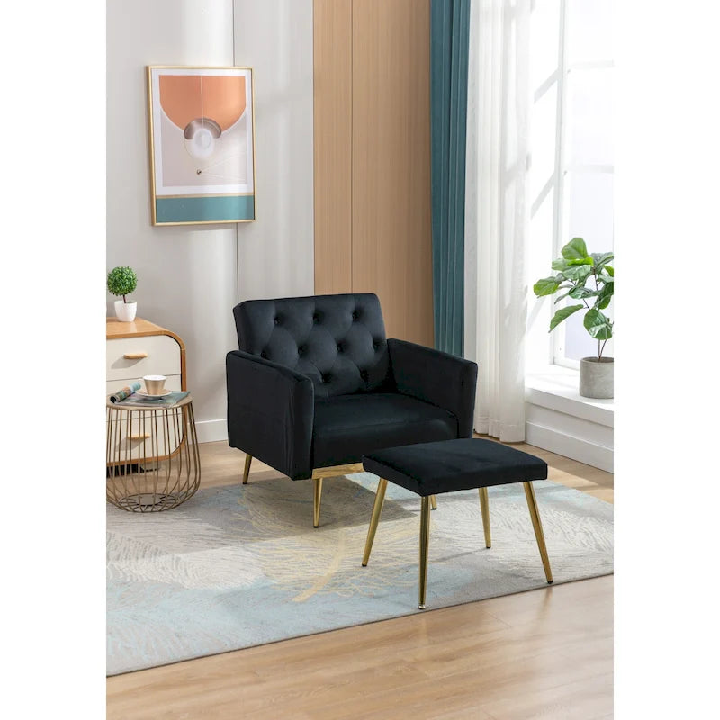 Velvet Tufted Adjustable Armrests and Backrest Armchair with Ottoman