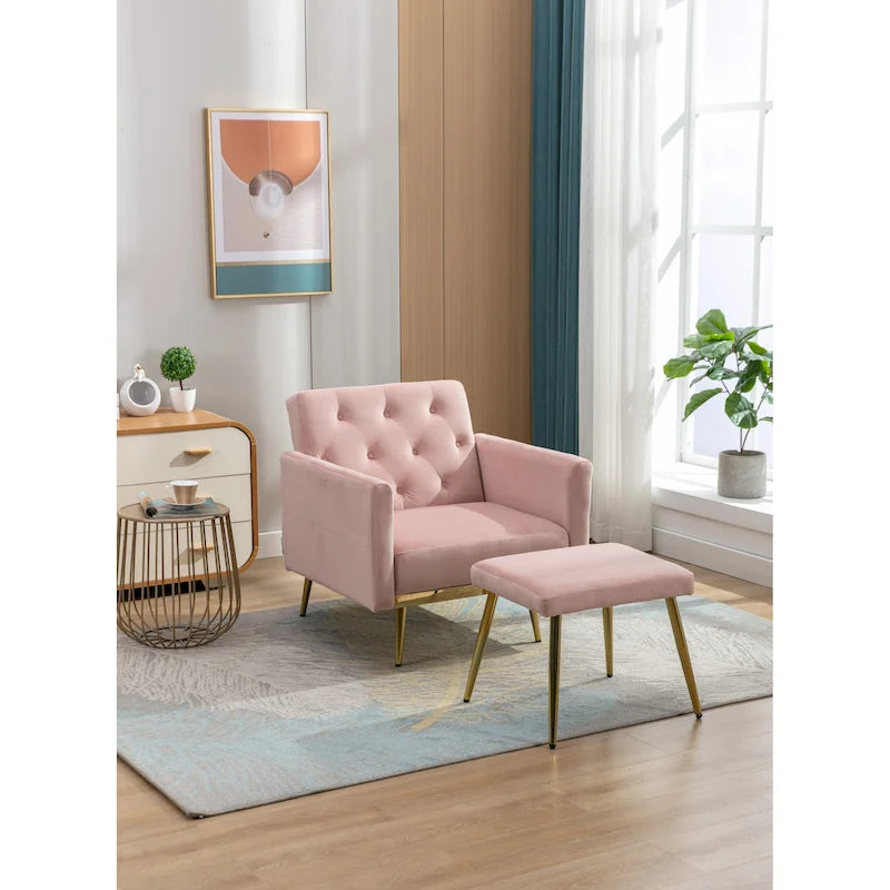 Velvet Tufted Adjustable Armrests and Backrest Armchair with Ottoman