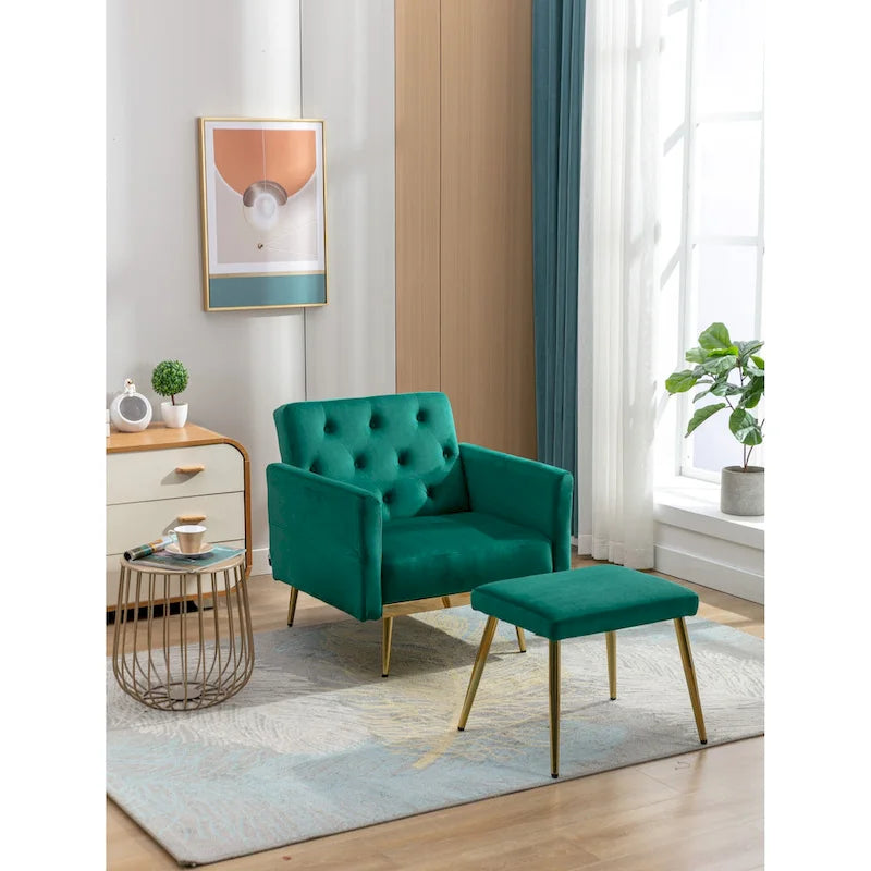 Velvet Tufted Adjustable Armrests and Backrest Armchair with Ottoman