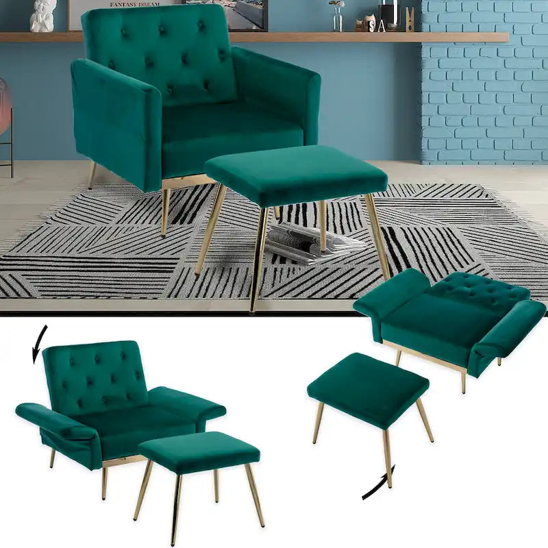 Velvet Tufted Adjustable Armrests and Backrest Armchair with Ottoman