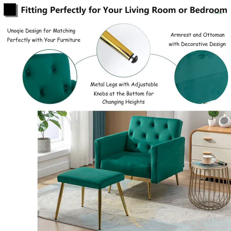 Velvet Tufted Adjustable Armrests and Backrest Armchair with Ottoman