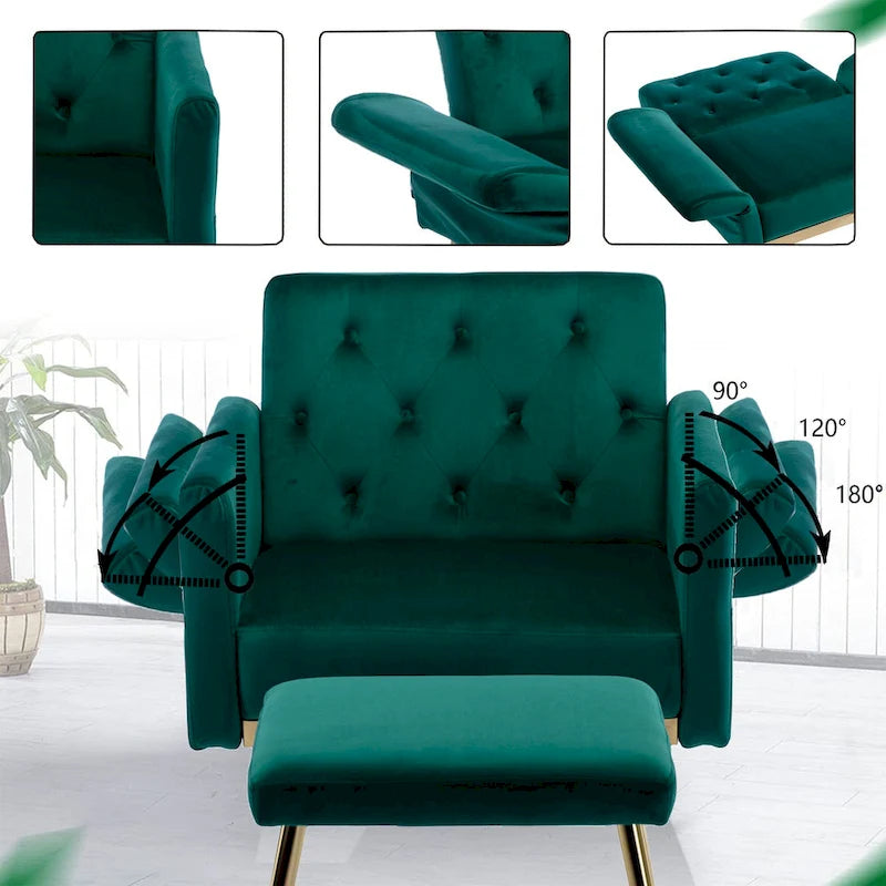 Velvet Tufted Adjustable Armrests and Backrest Armchair with Ottoman