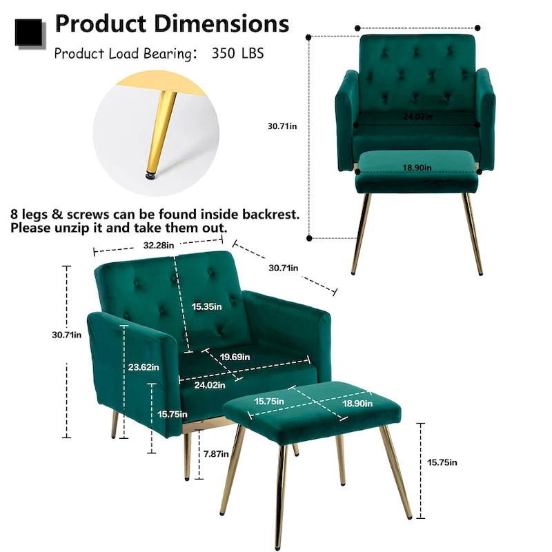 Velvet Tufted Adjustable Armrests and Backrest Armchair with Ottoman