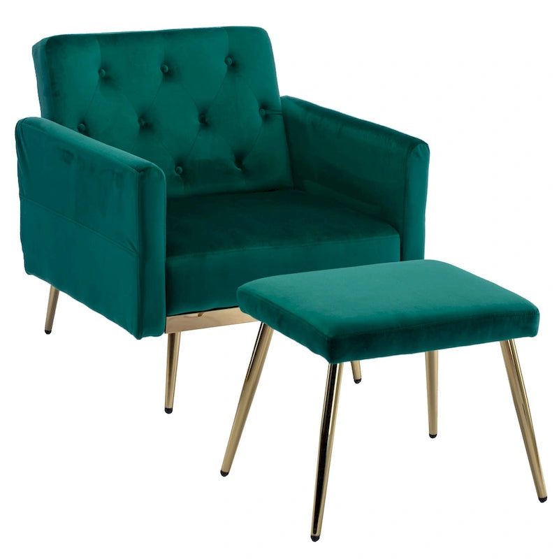Velvet Tufted Adjustable Armrests and Backrest Armchair with Ottoman