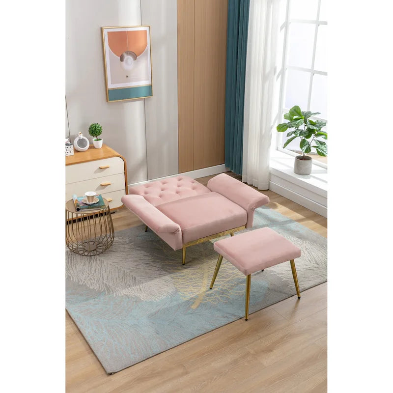 Velvet Tufted Adjustable Armrests and Backrest Armchair with Ottoman