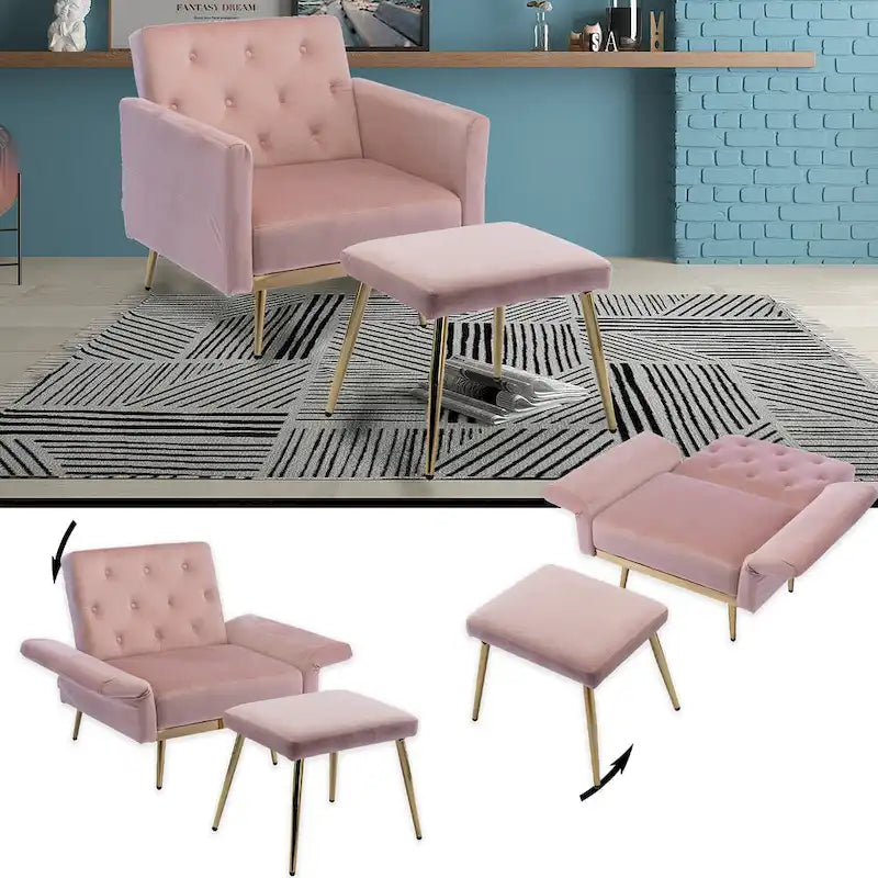 Velvet Tufted Adjustable Armrests and Backrest Armchair with Ottoman