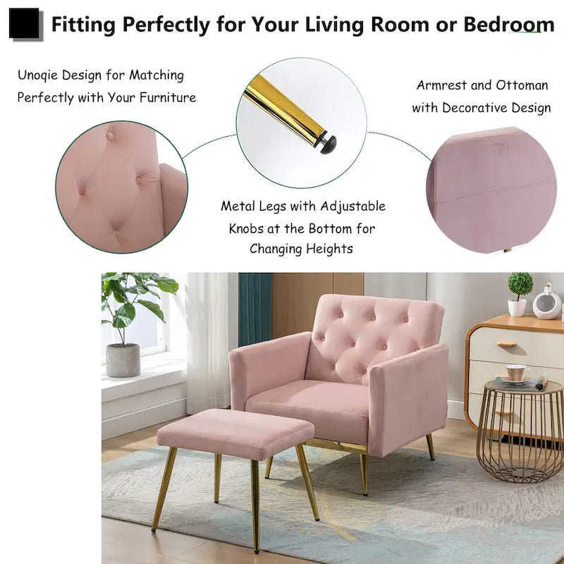 Velvet Tufted Adjustable Armrests and Backrest Armchair with Ottoman