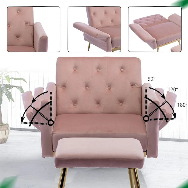 Velvet Tufted Adjustable Armrests and Backrest Armchair with Ottoman