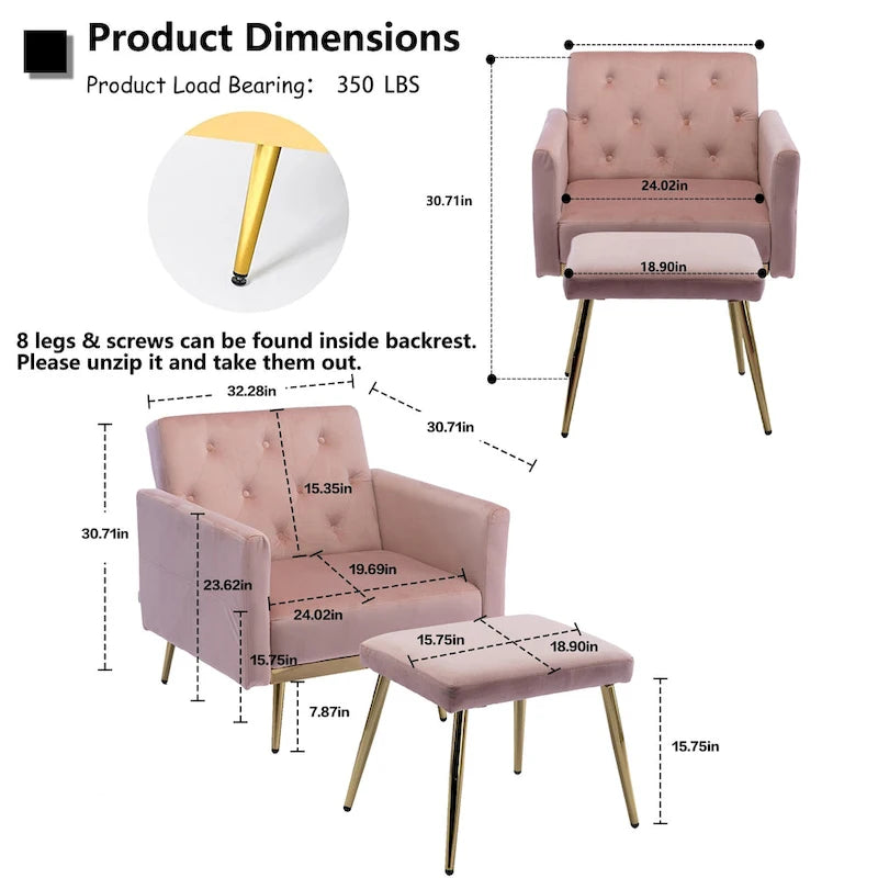 Velvet Tufted Adjustable Armrests and Backrest Armchair with Ottoman