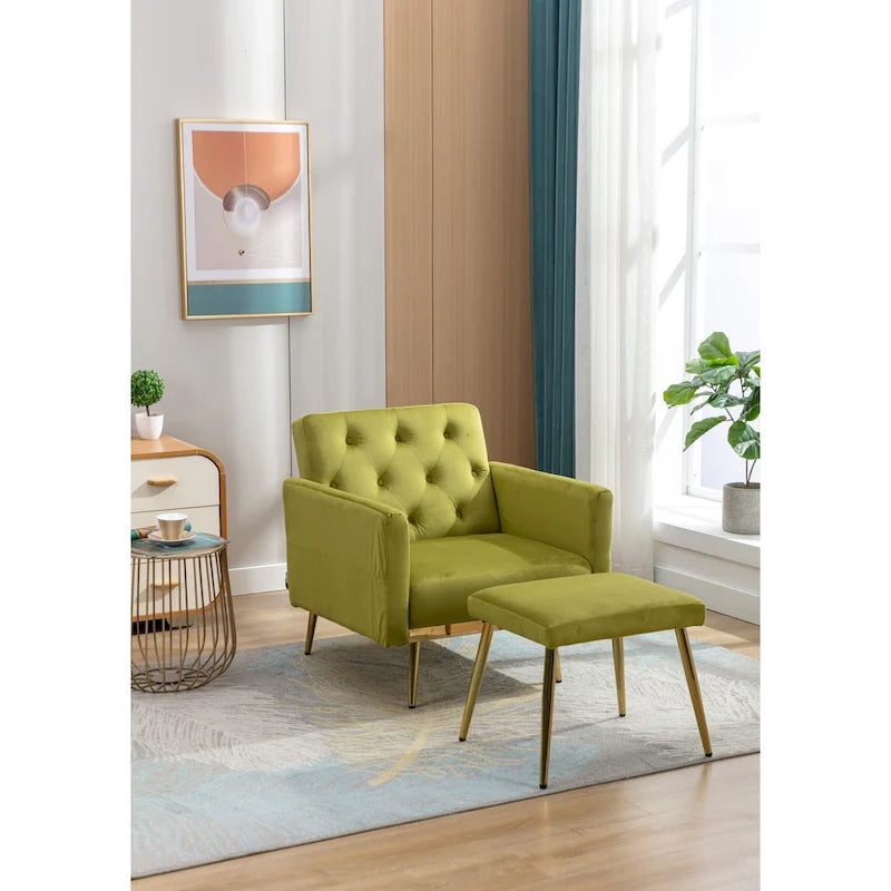 Velvet Tufted Adjustable Armrests and Backrest Armchair with Ottoman
