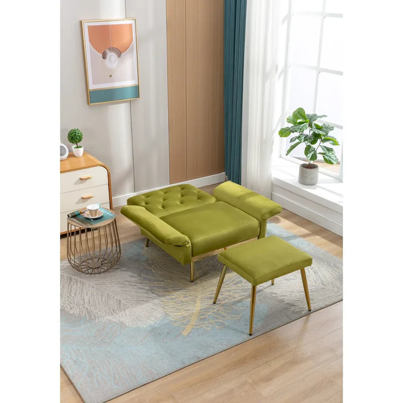 Velvet Tufted Adjustable Armrests and Backrest Armchair with Ottoman