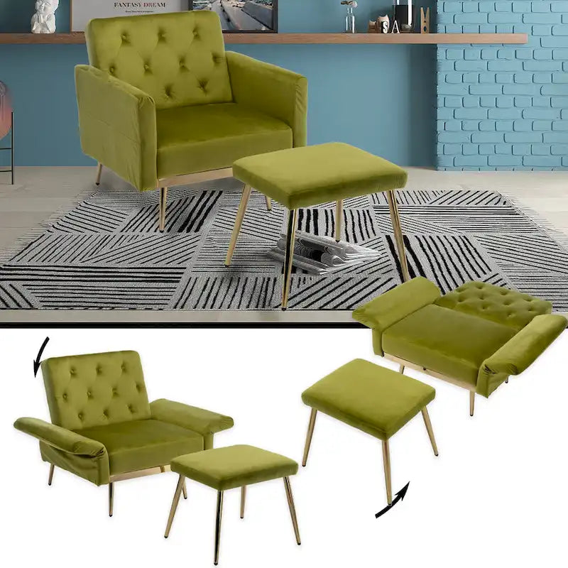 Velvet Tufted Adjustable Armrests and Backrest Armchair with Ottoman