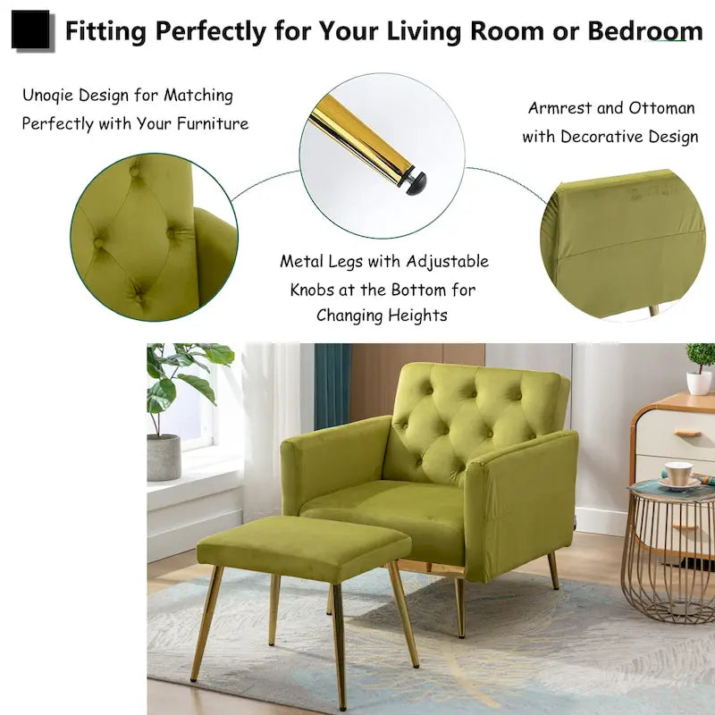 Velvet Tufted Adjustable Armrests and Backrest Armchair with Ottoman