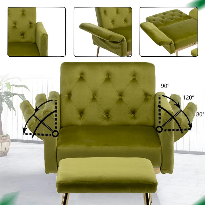 Velvet Tufted Adjustable Armrests and Backrest Armchair with Ottoman