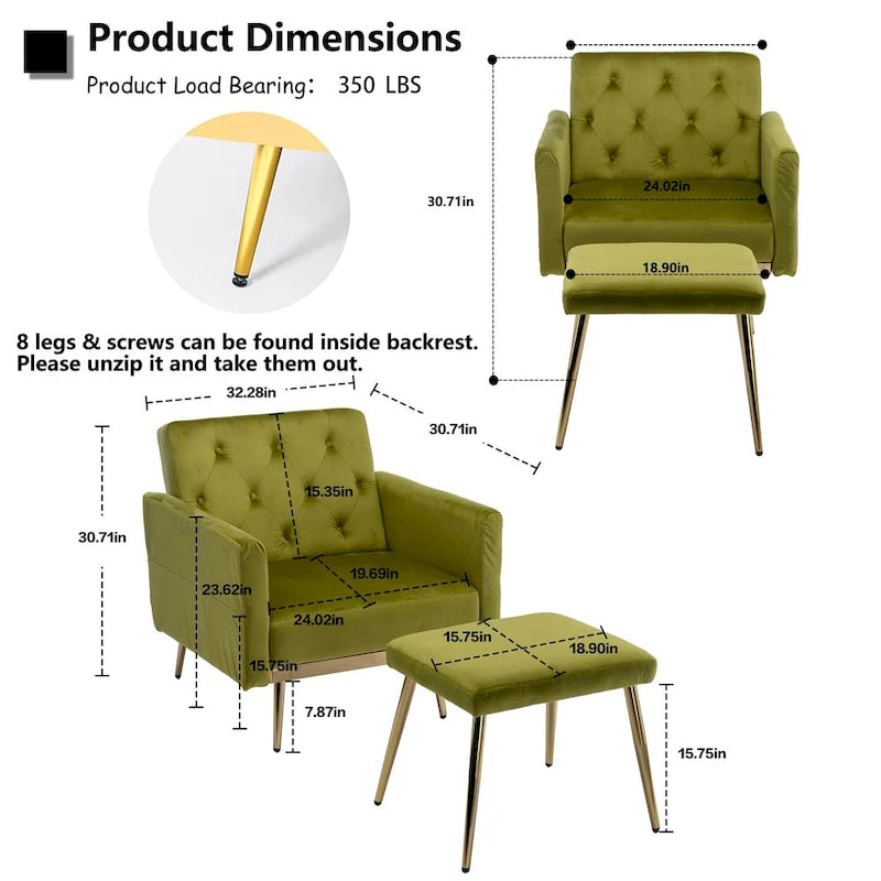 Velvet Tufted Adjustable Armrests and Backrest Armchair with Ottoman