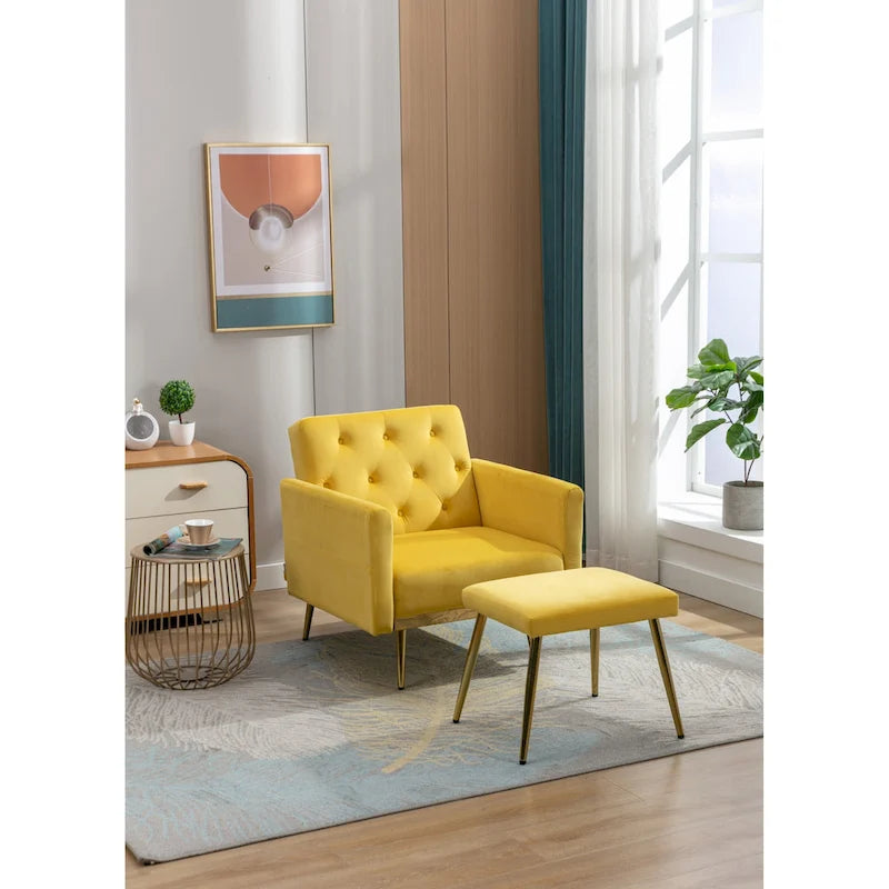 Velvet Tufted Adjustable Armrests and Backrest Armchair with Ottoman