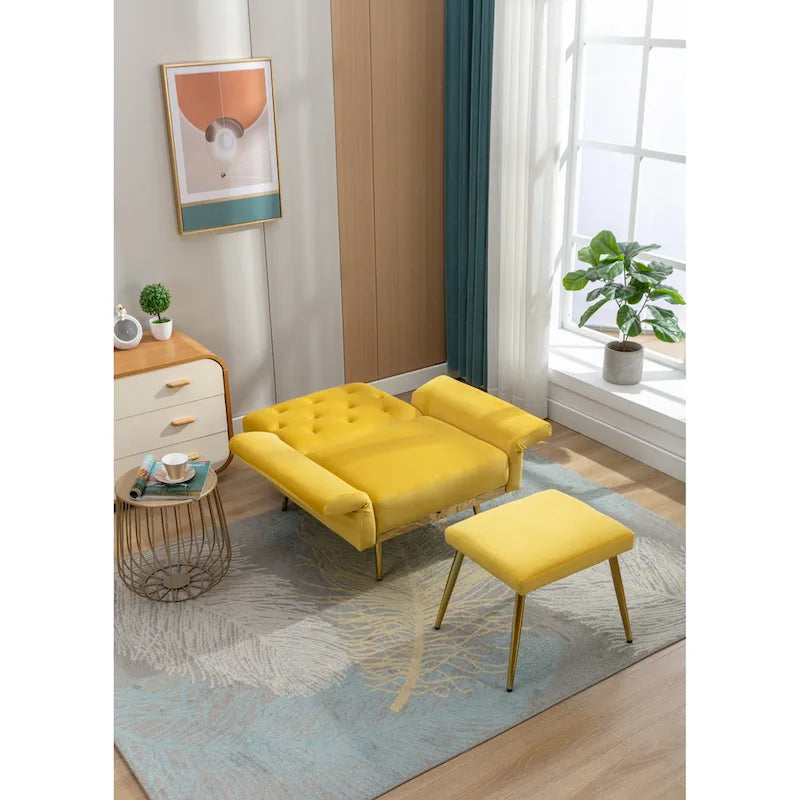 Velvet Tufted Adjustable Armrests and Backrest Armchair with Ottoman