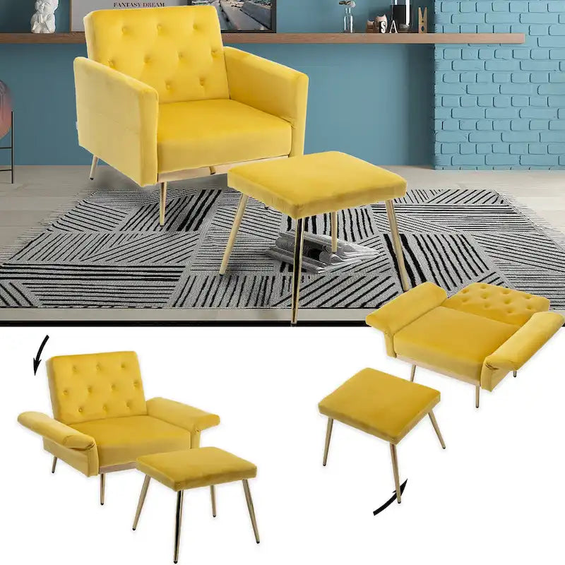 Velvet Tufted Adjustable Armrests and Backrest Armchair with Ottoman