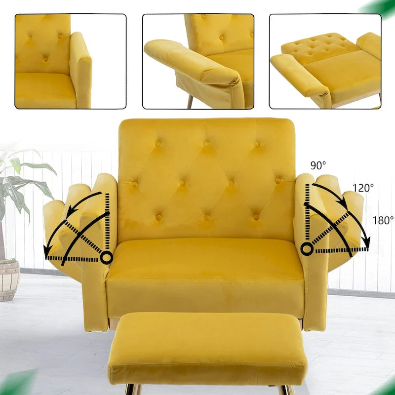 Velvet Tufted Adjustable Armrests and Backrest Armchair with Ottoman