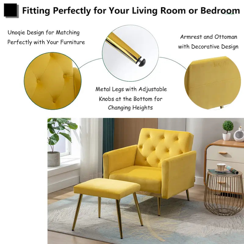 Velvet Tufted Adjustable Armrests and Backrest Armchair with Ottoman