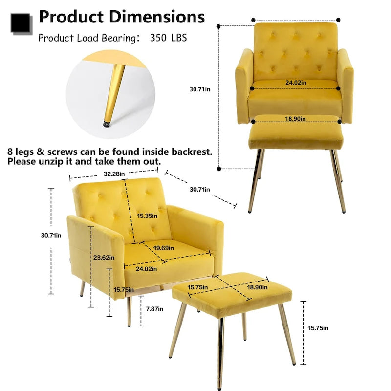 Velvet Tufted Adjustable Armrests and Backrest Armchair with Ottoman