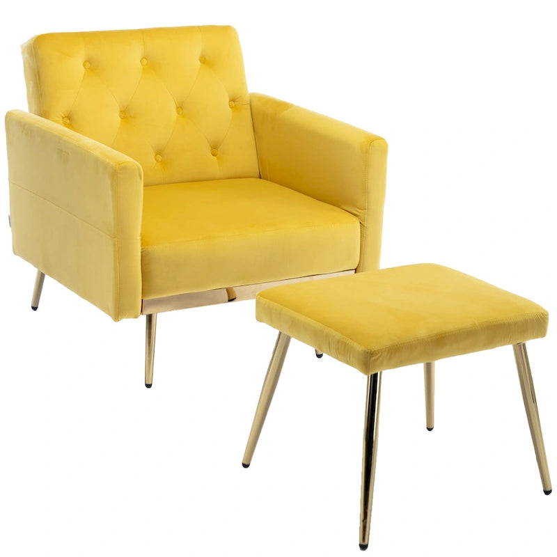 Velvet Tufted Adjustable Armrests and Backrest Armchair with Ottoman