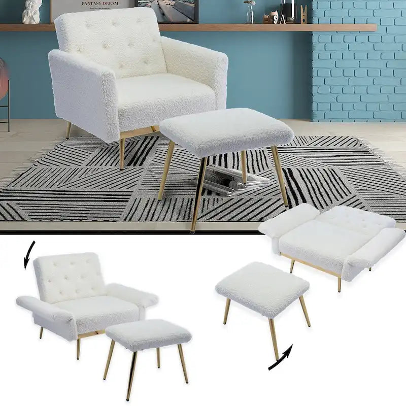 Velvet Tufted Adjustable Armrests and Backrest Armchair with Ottoman