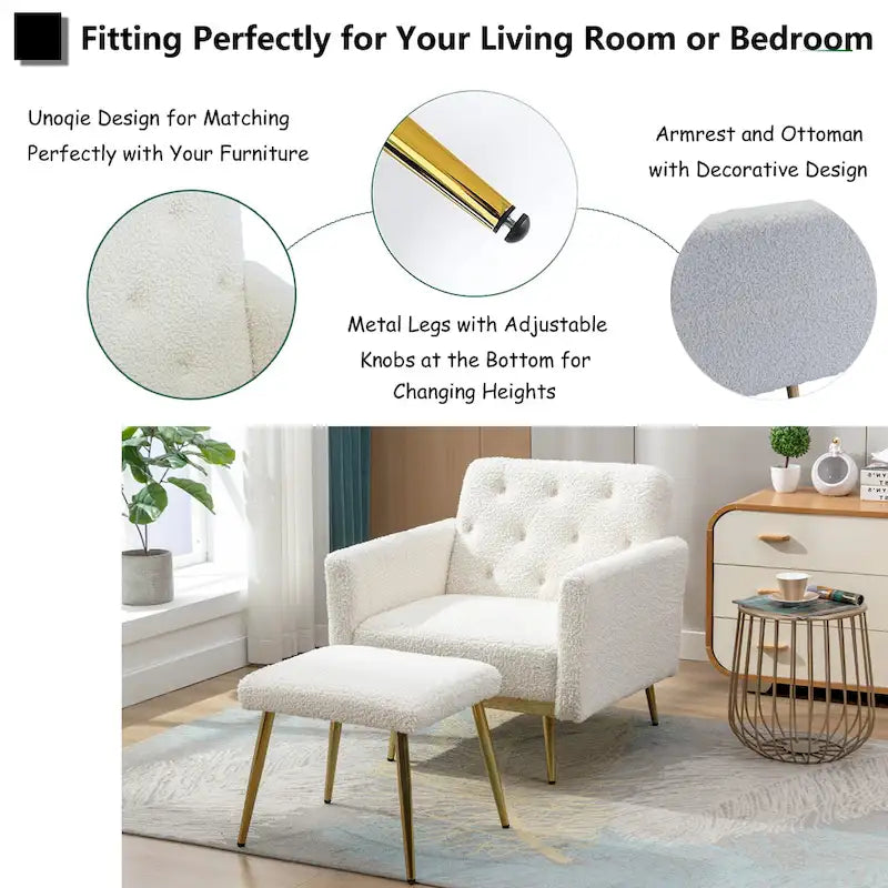 Velvet Tufted Adjustable Armrests and Backrest Armchair with Ottoman