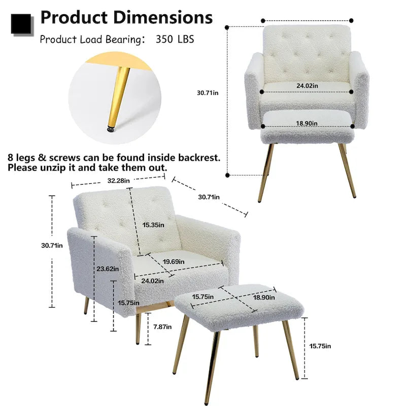 Velvet Tufted Adjustable Armrests and Backrest Armchair with Ottoman