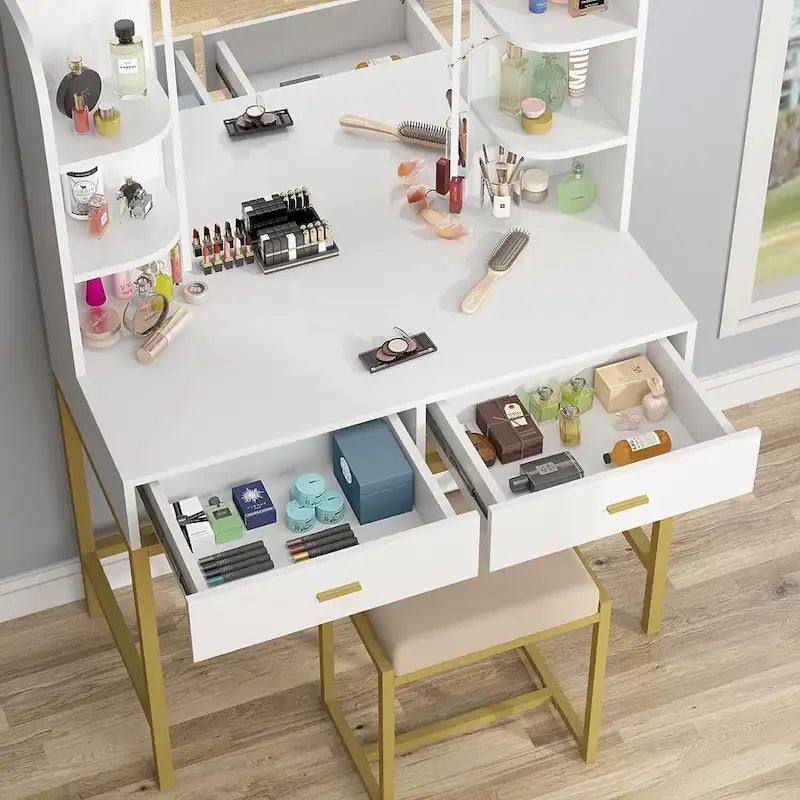 Makeup Vanity Dressing Table with LED Lights, Storage Shelves, Cushioned Stool & 2 Drawers