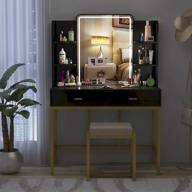 Makeup Vanity Dressing Table with LED Lights, Storage Shelves, Cushioned Stool & 2 Drawers