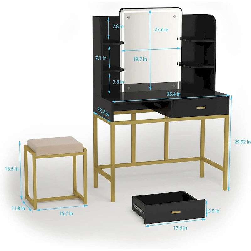 Makeup Vanity Dressing Table with LED Lights, Storage Shelves, Cushioned Stool & 2 Drawers