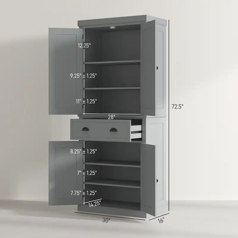 72 Freestanding Kitchen Pantry Cabinet, Tall Storage Cabinet with 2 Door Cupboards, Drawer and Adjustable Shelves