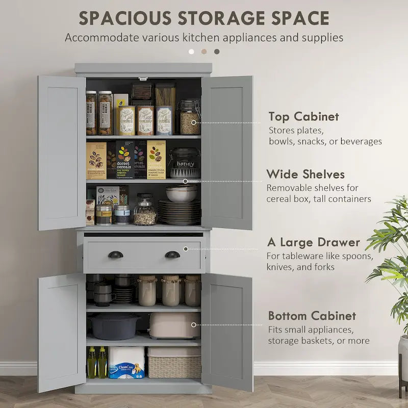 72 Freestanding Kitchen Pantry Cabinet, Tall Storage Cabinet with 2 Door Cupboards, Drawer and Adjustable Shelves
