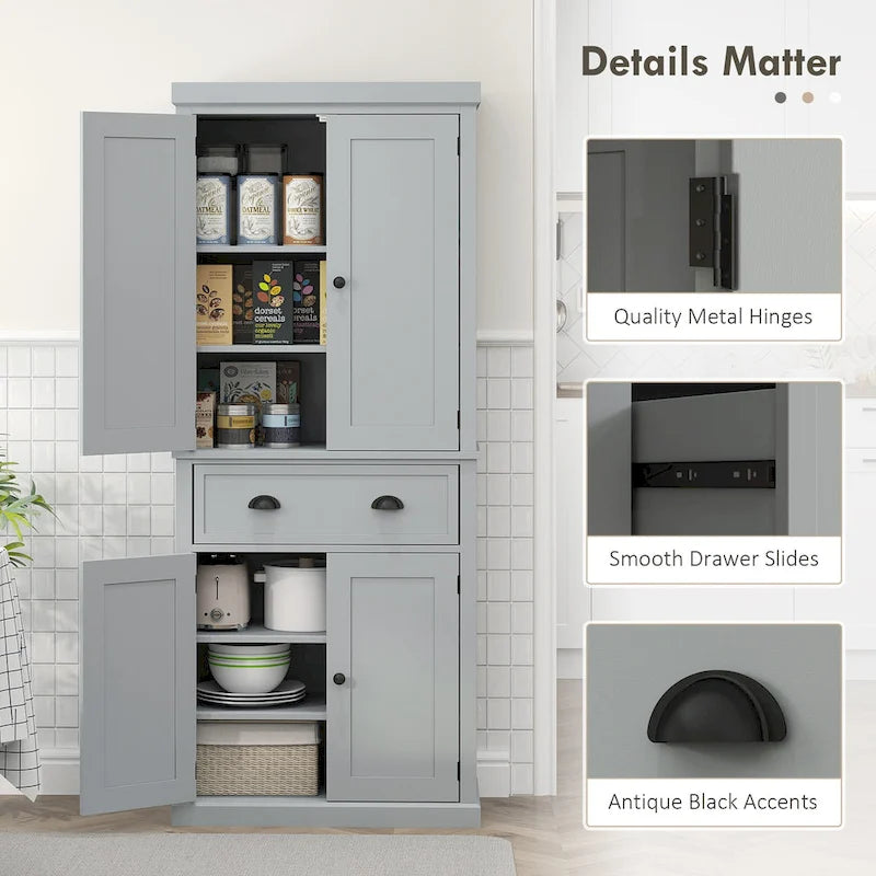 72 Freestanding Kitchen Pantry Cabinet, Tall Storage Cabinet with 2 Door Cupboards, Drawer and Adjustable Shelves