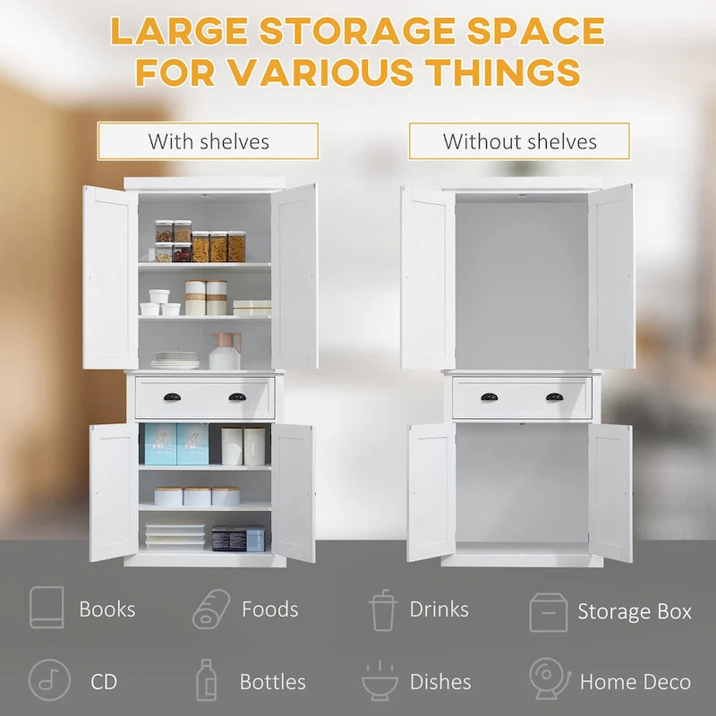 72 Freestanding Kitchen Pantry Cabinet, Tall Storage Cabinet with 2 Door Cupboards, Drawer and Adjustable Shelves
