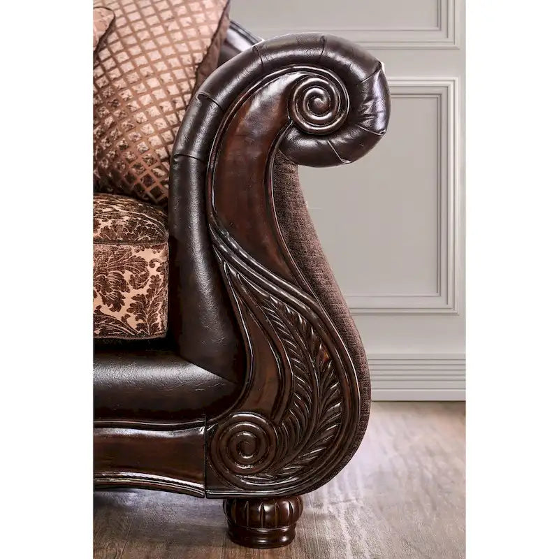 Traditional Brown Faux Leather Rolled Arms Sofa