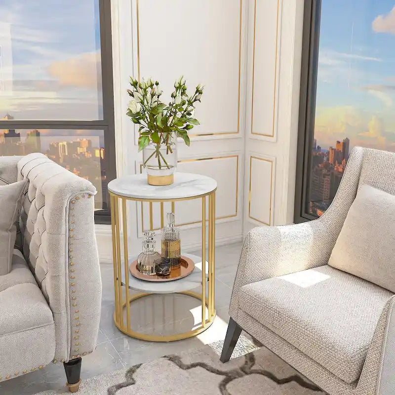 2 Tier Round Sintered Stone End Table Sofa Side Table with Golden Frame